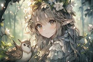 AI Generative forest elf with wing and beautiful eyes in anime style photo