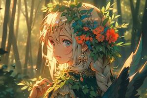 ai generativo bosque duende con ala y hermosa ojos en anime estilo foto