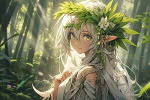 ai generativo bosque duende con ala y hermosa ojos en anime estilo foto