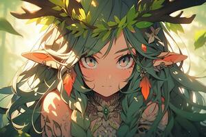 ai generativo bosque duende con ala y hermosa ojos en anime estilo foto