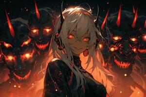 ai generativo hermosa demonio con el ojos luces arriba en anime estilo foto