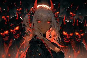 AI Generative Beautiful demon with the eyes lights up in anime style photo