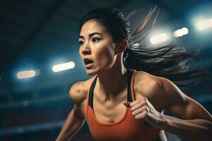 AI Generative determined Asian female athlete in action at a sports arena under vibrant stadium lights photo