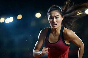 AI Generative determined Asian female athlete in action at a sports arena under vibrant stadium lights photo