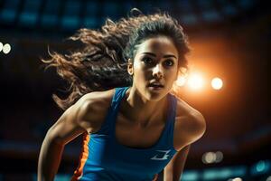 ai generativo determinado asiático hembra atleta en acción a un Deportes arena debajo vibrante estadio luces foto