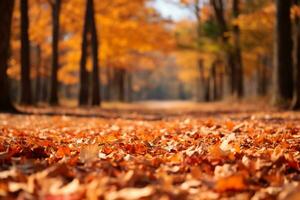 ai generativo de un sereno otoño paisaje dorado hojas cubrir el suelo foto