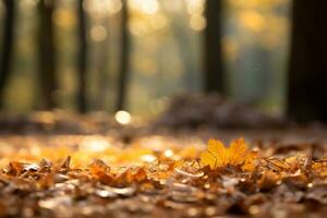 AI Generative of a serene autumn landscape golden leaves cover the ground photo