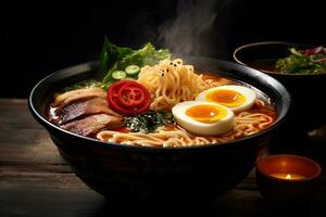 AI Generative tantalizing picture of a steaming bowl of ramen photo