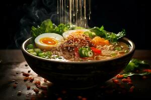 AI Generative tantalizing picture of a steaming bowl of ramen photo
