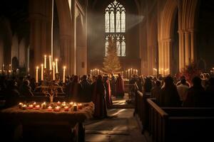 ai generativo encantador imagen de un Iglesia medianoche Navidad Servicio foto