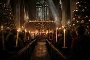 ai generativo encantador imagen de un Iglesia medianoche Navidad Servicio foto