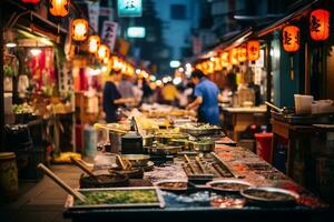 AI Generative image of a bustling Japanese street food market photo