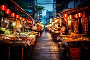 AI Generative image of a bustling Japanese street food market photo