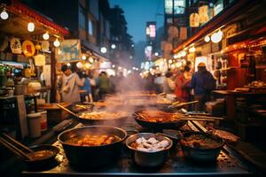 AI Generative image of a bustling Japanese street food market photo