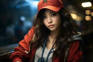 ai generativo hermosa asiático béisbol niña figura en casual atuendo foto