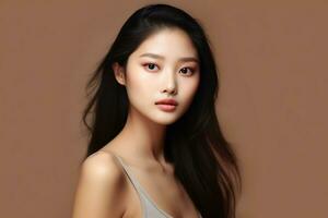 Graceful charm of a young Asian woman in natural make up. AI generated photo