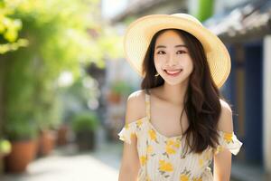 AI Generative Beautiful young girl smiling enjoying summer photo