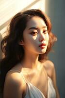 hermosamente sensual asiático mujer en natural hacer arriba ai generativo foto