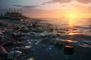 Sunset over polluted coastline reveals environmental damage AI Generative photo