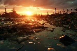 Sunset over polluted coastline reveals environmental damage AI Generative photo