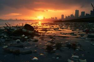 puesta de sol terminado contaminado línea costera revela ambiental dañar ai generativo foto