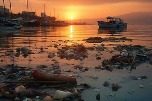 puesta de sol terminado contaminado línea costera revela ambiental dañar ai generativo foto