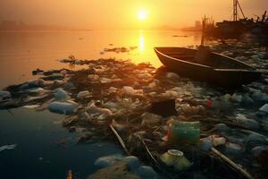 puesta de sol terminado contaminado línea costera revela ambiental dañar ai generativo foto