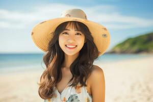 joven asiático mujer en verano vestir y grande sonrisa ai generativo foto