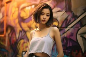 Beautiful asian girls short hair in casual outfit AI Generative photo