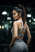 a young asian girl with brown hair pulled back wearing sport bra AI Generative photo