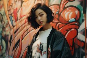 Beautiful asian girls short hair in casual outfit AI Generative photo