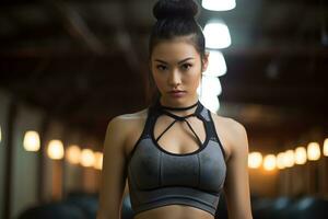 a young asian girl with brown hair pulled back wearing sport bra AI Generative photo