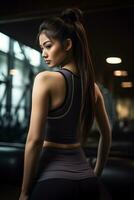 a young asian girl with brown hair pulled back wearing sport bra AI Generative photo