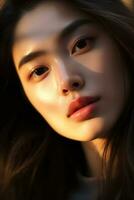 AI Generative close up shot of beauty asian face with good aesthetic morning light photo