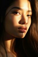 AI Generative close up shot of beauty asian face with good aesthetic morning light photo