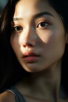 AI Generative close up shot of beauty asian face with good aesthetic morning light photo
