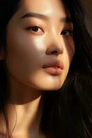 AI Generative close up shot of beauty asian face with good aesthetic morning light photo