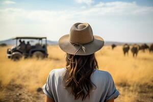 un hermosa hembra turista explorar un sabana ai generativo foto