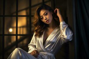 Beautiful asian girl wearing night dress in cozy bedroom AI Generative photo