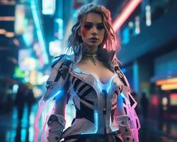 un foto de un niña en un luces de neón cyberpunk atuendo en un futurista paisaje urbano a noche ai generativo