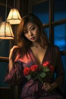 hermosa asiático niña vistiendo sensual vestir en flor jardín ai generativo foto