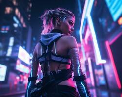 A photo of a girl in a neon-lit cyberpunk attire in a futuristic cityscape at night AI Generative