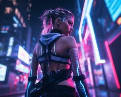 un foto de un niña en un luces de neón cyberpunk atuendo en un futurista paisaje urbano a noche ai generativo