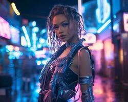 A photo of a girl in a neon-lit cyberpunk attire in a futuristic cityscape at night AI Generative