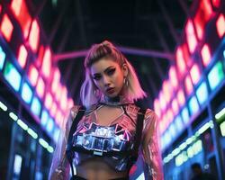 un foto de un niña en un luces de neón cyberpunk atuendo en un futurista paisaje urbano a noche ai generativo