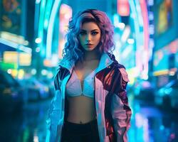 un foto de un niña en un luces de neón cyberpunk atuendo en un futurista paisaje urbano a noche ai generativo