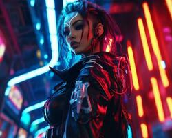 A photo of a girl in a neon-lit cyberpunk attire in a futuristic cityscape at night AI Generative