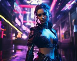 un foto de un niña en un luces de neón cyberpunk atuendo en un futurista paisaje urbano a noche ai generativo