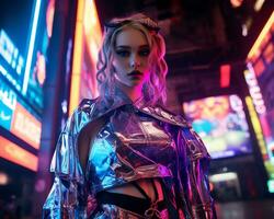 A photo of a girl in a neon-lit cyberpunk attire in a futuristic cityscape at night AI Generative