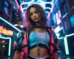 un foto de un niña en un luces de neón cyberpunk atuendo en un futurista paisaje urbano a noche ai generativo